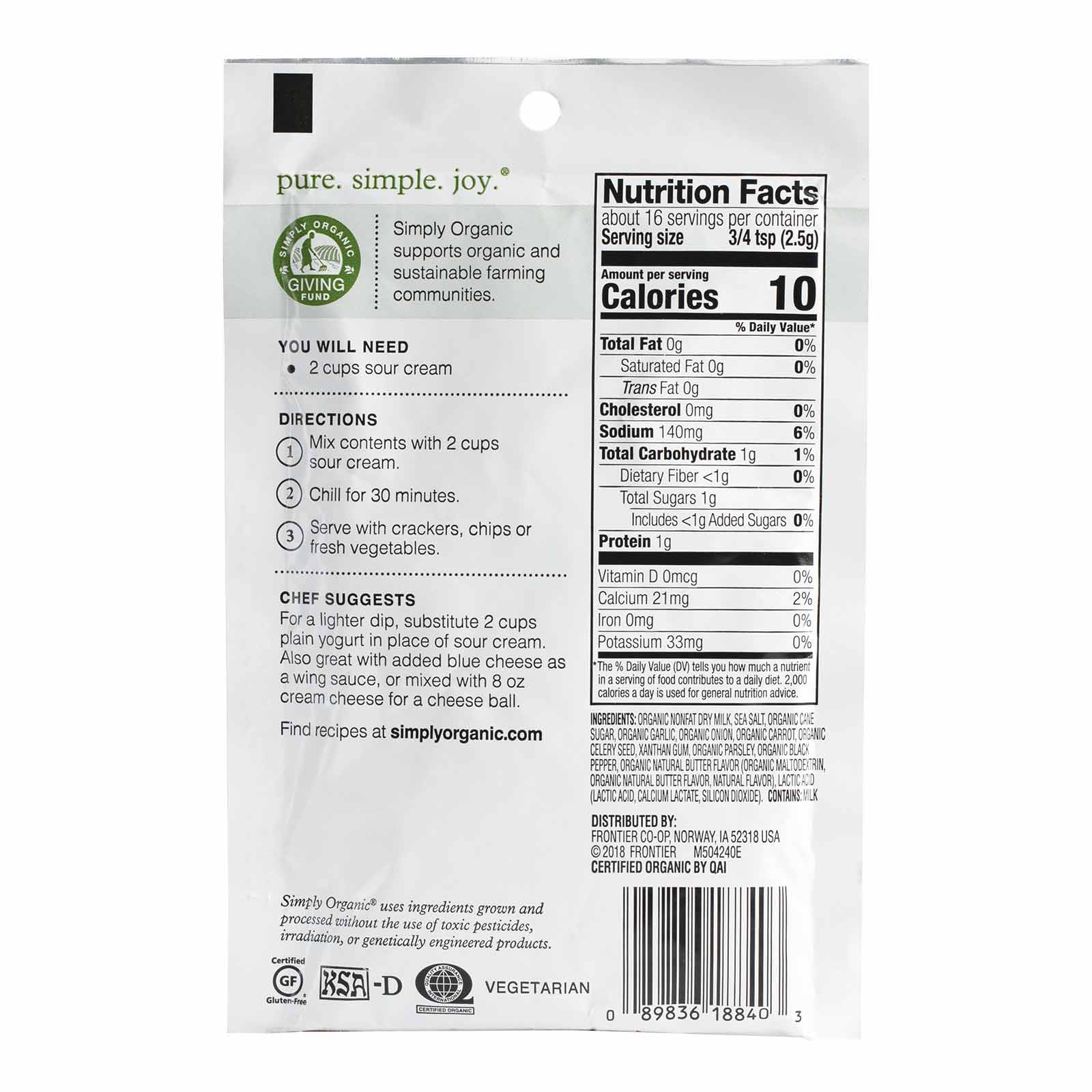 Simply Organic Ranch Dip Mix 1.50 oz