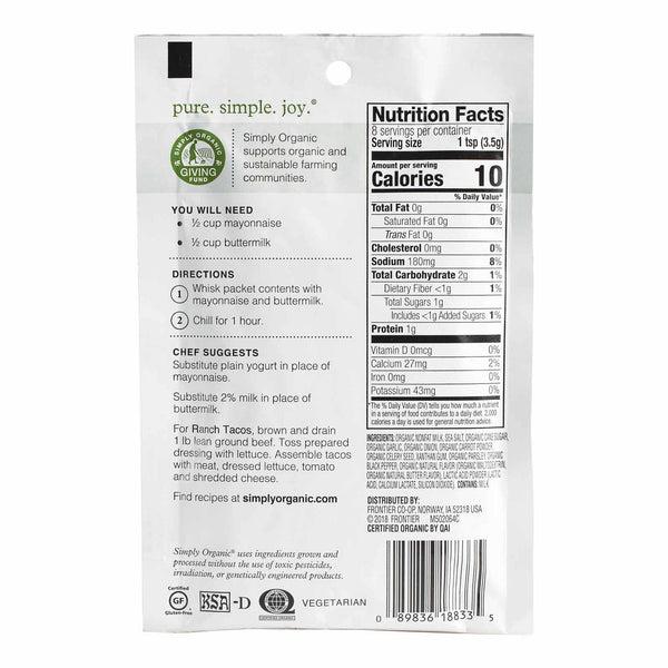 Simply Organic Ranch Salad Dressing Mix 1.00 oz - SpiceLuxe