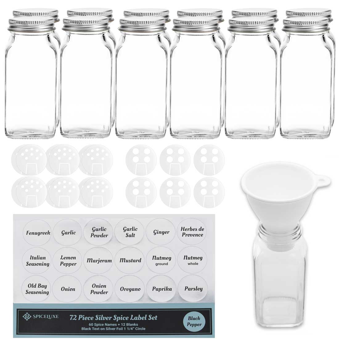 Labelled Square Spice Jars With Shaker Inside Tops and Brushed Silver Lids  Set of 6 Home Organisation Waterproof Labels 